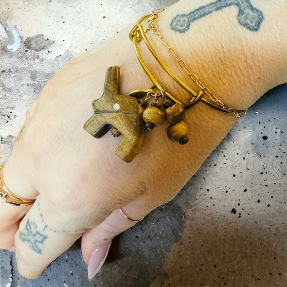 One-of-a-Kind Raw Brass and Vintage African Teak Elephant & Beads Expandable Bangle Bracelet