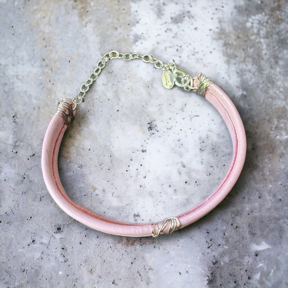 One Of A Kind Pink Lambskin Leather Cuff with Sterling Silver Accents