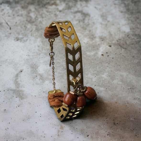 One-of-a-Kind Raw Brass and Vintage African Teak Beads With Leather Accents Cuff Bangle Bracelet