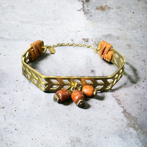 One-of-a-Kind Raw Brass and Vintage African Teak Beads With Leather Accents Cuff Bangle Bracelet