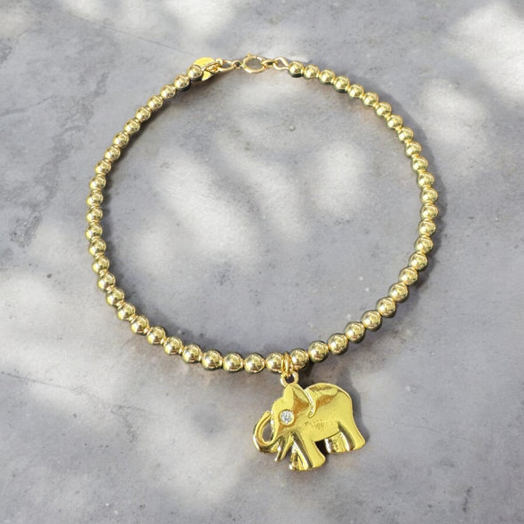 Beaded Bangle Bracelet with Elephant Charm 14k Gold Filled or 925 Sterling Silver