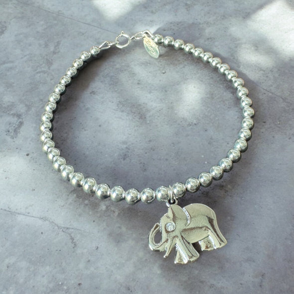 Beaded Bangle Bracelet with Elephant Charm 14k Gold Filled or 925 Sterling Silver