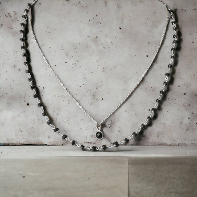 One-of-a-Kind Double Chain Black Onyx & Spinel Wrapped Solid Sterling Silver Necklace