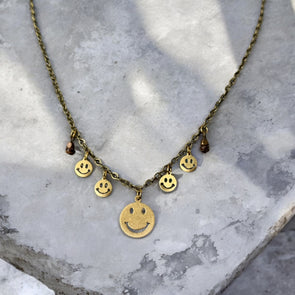 One-of-a-Kind Raw Brass Smiley Face with African Brass Bead & Coconut Shell Bead Necklace