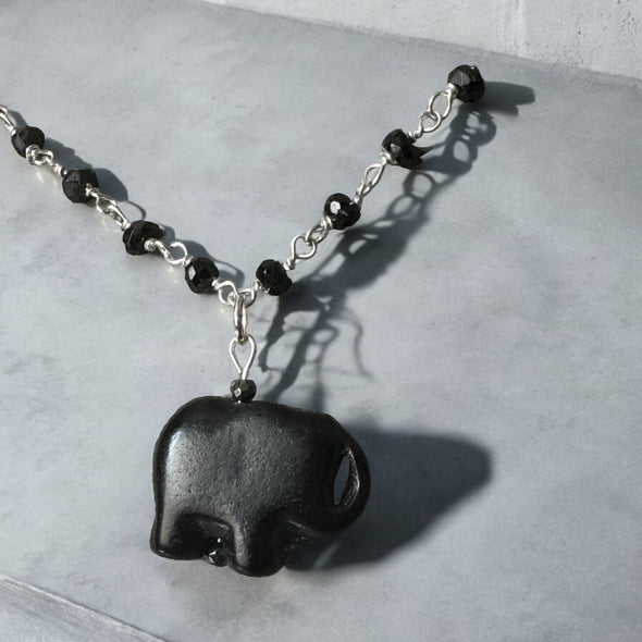 One-of-a-Kind Black Spinel Chain with Magnesite Mineral Elephant Necklace Sterling Silver