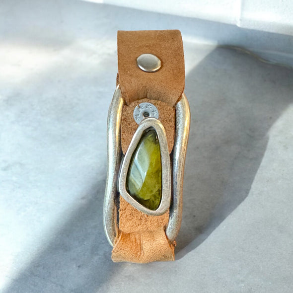 One-of-a-Kind Olive Resin & Zamak Abstract & Leather Cuff Bracelet