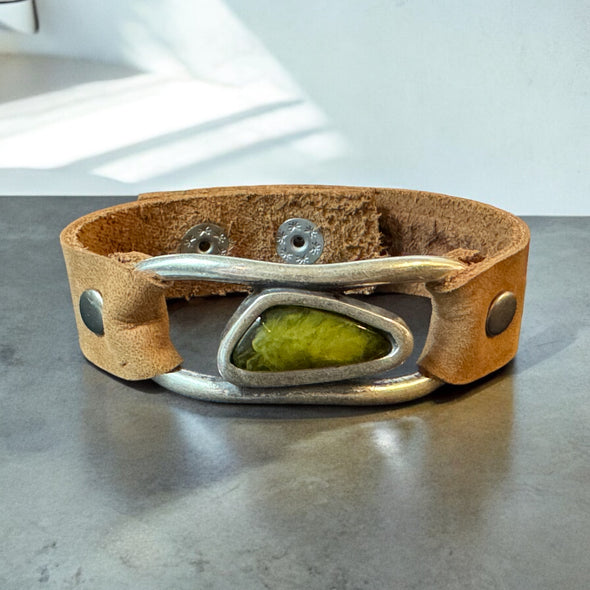 One-of-a-Kind Olive Resin & Zamak Abstract & Leather Cuff Bracelet