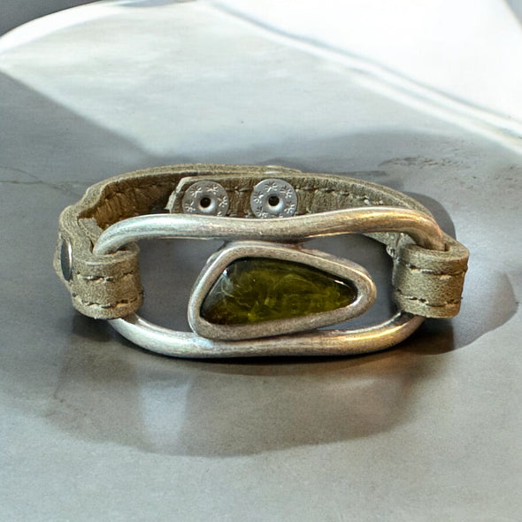 One-of-a-Kind Olive Resin & Zamak Abstract & Leather Band Bracelet