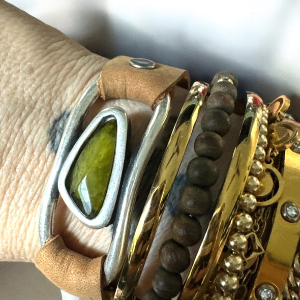 One-of-a-Kind Olive Resin & Zamak Abstract & Leather Cuff Bracelet