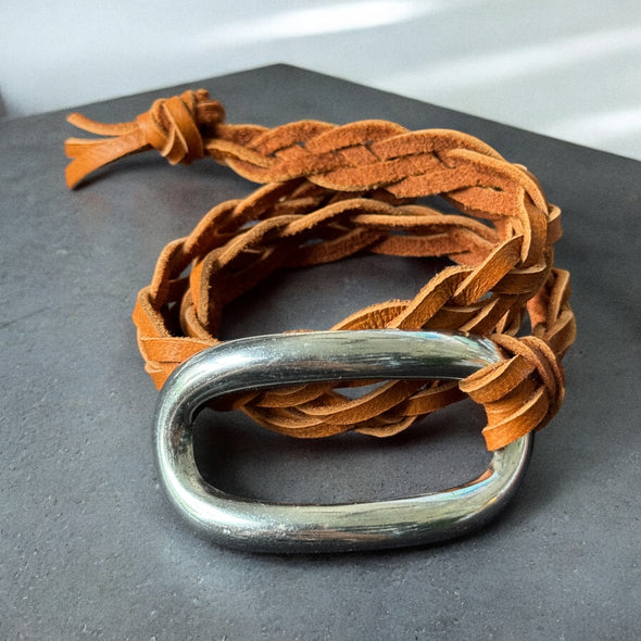 One-of-a-Kind Zamak Curved Oval Braided Leather Wrap Bracelet