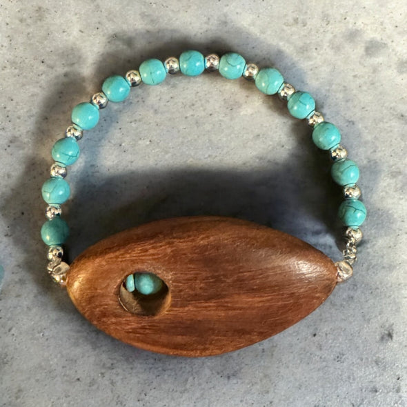 One-of-a-Kind Walnut Wood Abstract Turquoise & Sterling Silver Bracelet