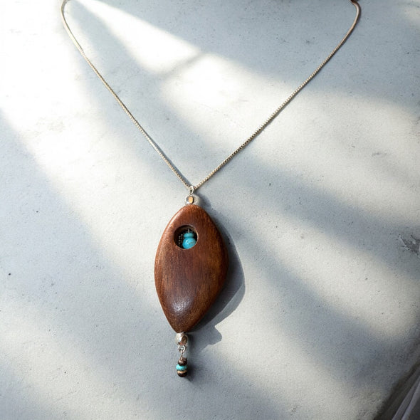 One-of-a-Kind Walnut Wood Abstract Turquoise & Sterling Silver Necklace