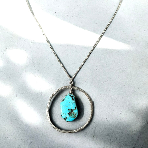 One-of-a-Kind Howlite Turquoise Natural Shape in Sterling Silver Hammered Circle Necklace