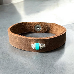 One-of-a-Kind natural Genuine Turquoise Sterling Silver & Leather Cuff Bracelet