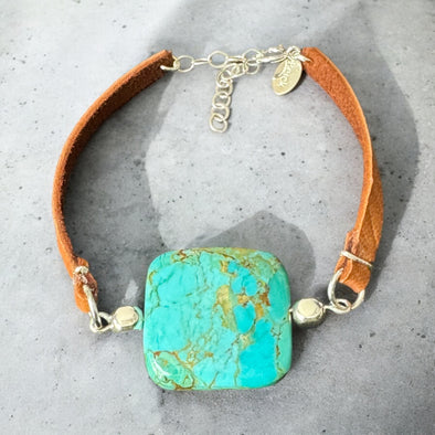 One-of-a-Kind Natural Kingman Turquoise Square Stone Sterling Silver & Leather Bracelet