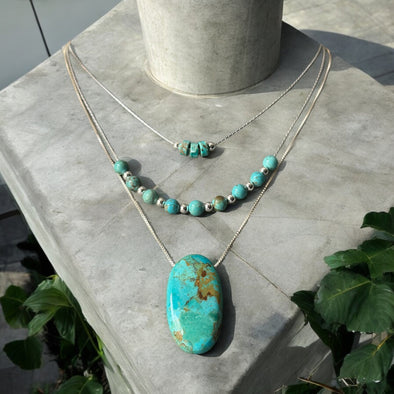 One-of-a-Kind Natural Kingman Turquoise Long Oval Stone & Beads 3 Layer Necklace Sterling Silver