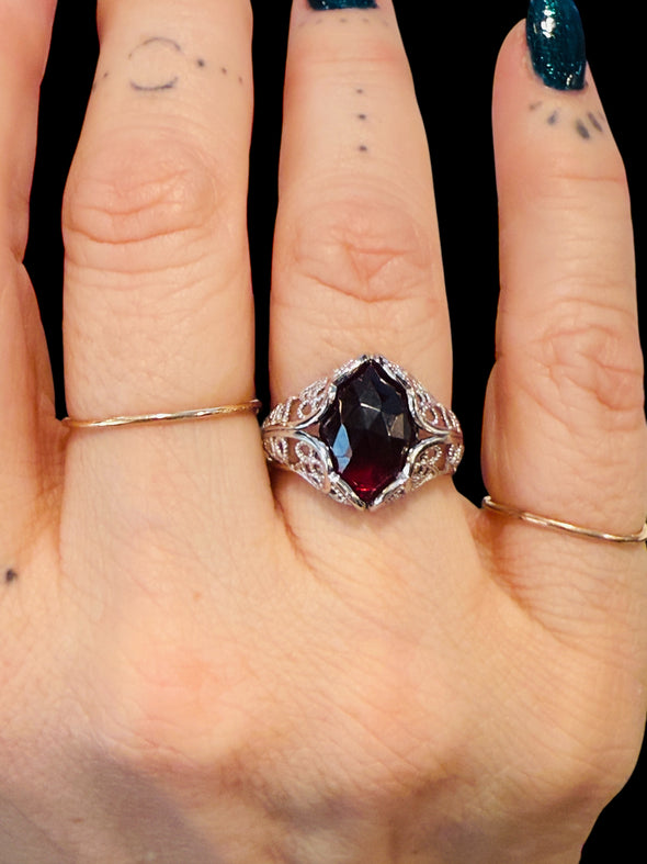 One-of-a-Kind Faceted Oval Garnet Sterling Silver Ring