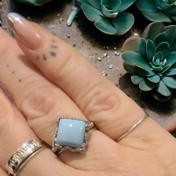 One-of-a-Kind Peruvian Blue Opal  Sterling Silver Square Floral Bezel Ring