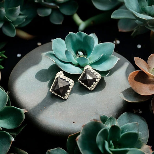 One-of-a-Kind Black Onyx Faceted Pyramid Sterling Silver Stud Earrings