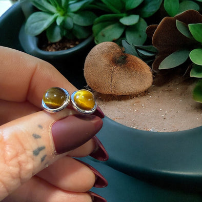 One-of-a-Kind 8mm Round Tigers Eye Sterling Silver Stud Earrings