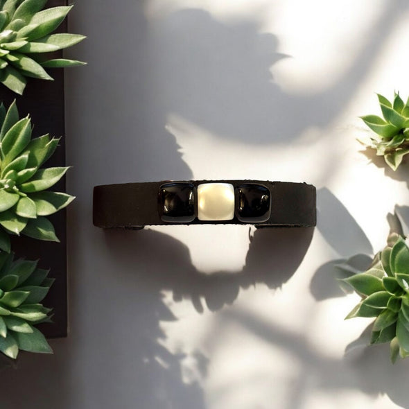 One-of-a-Kind Leather Structured Cuff Bracelet with  Black Onyx & Freshwater Pearl Square Gemstones