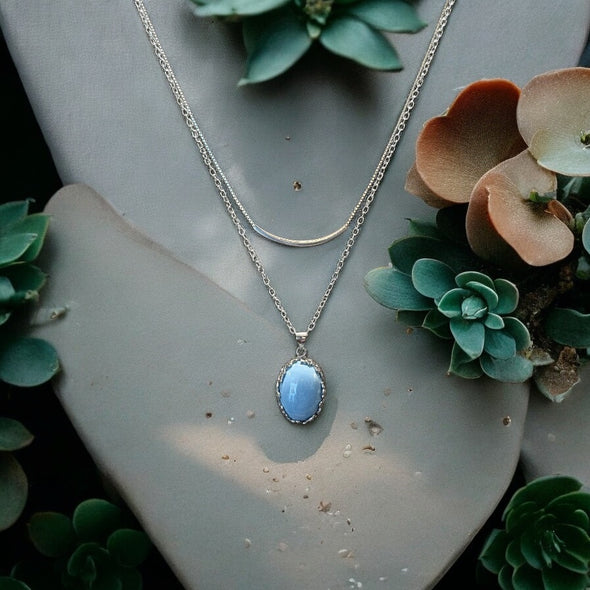 One-of-a-Kind Peruvian Blue Opal Oval Sterling Silver Double Layer Bar Link Necklace