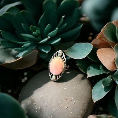 One-of-a-Kind Peruvian Pink Opal Sterling Silver Ring in Vintage Syle Setting