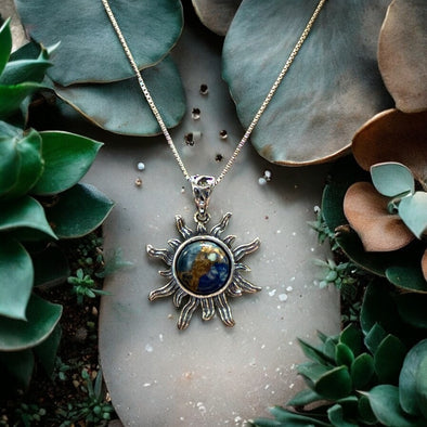 One-of-a-Kind 8mm Round Lapis Copper in Sunburst Sterling Silver Necklace