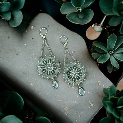 One of a Kind Vintage Floral Open Mandala Oxidized Sterling Silver Crystal Quartz Drop Earring