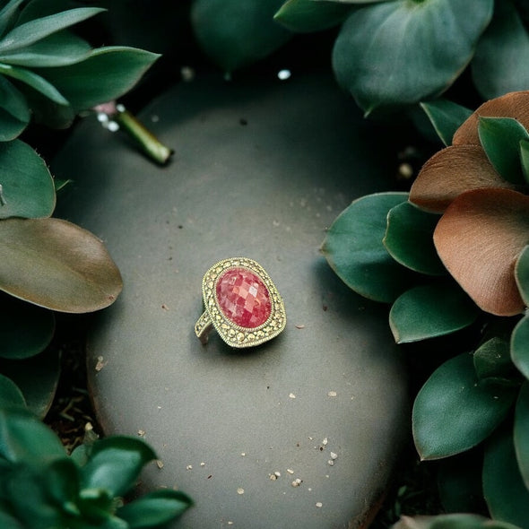 One of a Kind Rose Cut Natural Ruby & Marcasite Oval Sterling Silver Ring