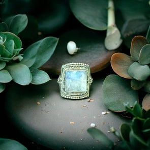 One of a Kind Rainbow Moonstone Square Sterling Silver Ring