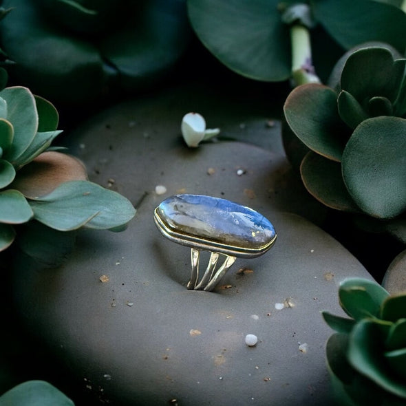 One of a Kind Brilliant Blue Labradorite Navette Oval Sterling Silver Ring