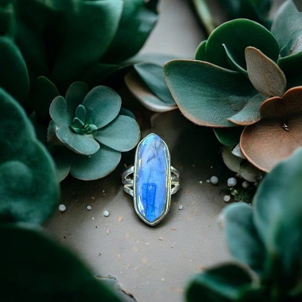 One of a Kind Brilliant Blue Labradorite Navette Oval Sterling Silver Ring