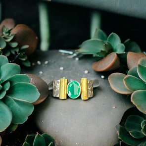 One of a Kind Green Onyx Oval Two Tone Sterling Silver Ring