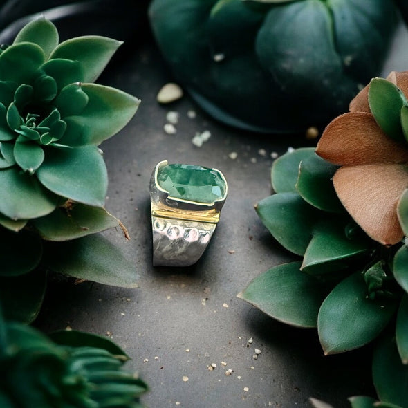 One of a Kind Natural Green Emerald Rectangle Cushion Two Tone Sterling Silver Ring