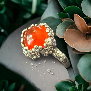 One-of-a-Kind Vintage Floral Cushion CutNatural Red Onyx Sterling Silver Adjustable Ring