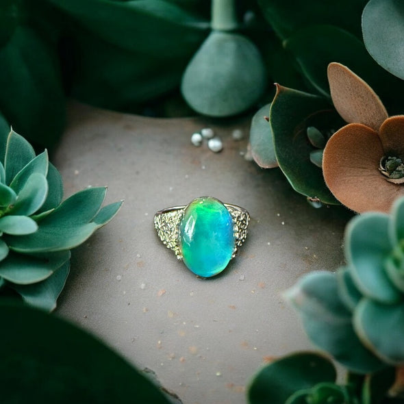 One of a Kind Aurora Triplet Opal Sterling Silver Adjustable Floral Ring