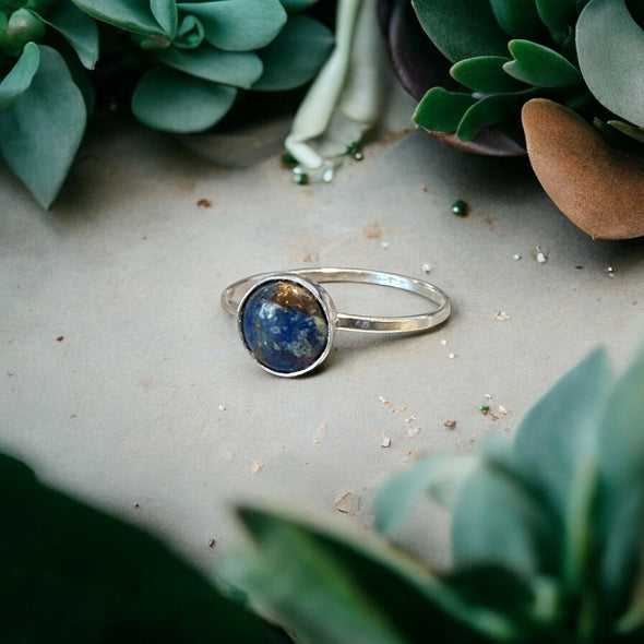 One-of-a-Kind 8mm Round Lapis Copper Sterling Silver Simple Bezel Set Ring