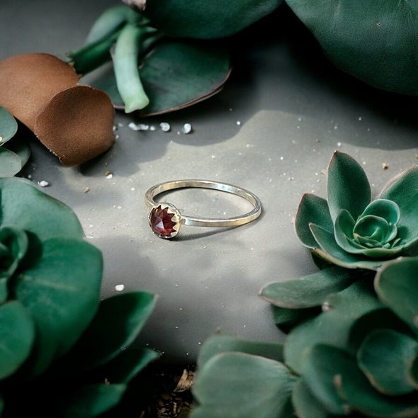 One-of-a-Kind 5mm Round Faceted Garnet Sterling Silver Pointed Prong Bezel Set Ring