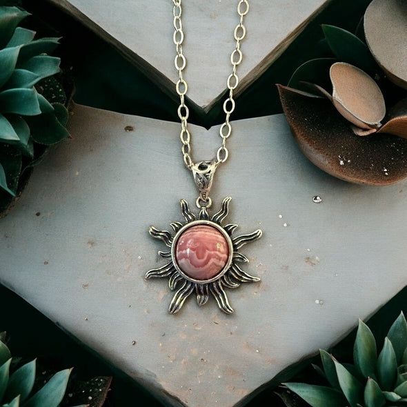 One-of-a-Kind 8mm Round Rhodochrosite in Sunburst Sterling Silver Necklace