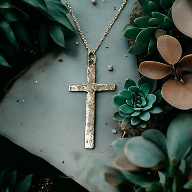 One-of-a-Kind Large Sterling Silver Hammered Cross 30" Necklace