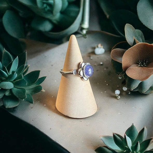 One-of-a-Kind 8mm Round Genuine Tanzanite Sterling Silver Flower Ring