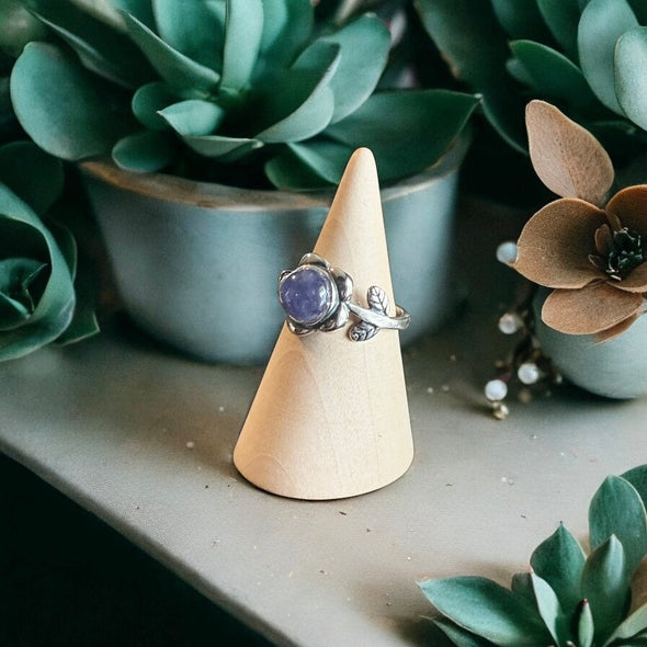 One-of-a-Kind 8mm Round Genuine Tanzanite Sterling Silver Flower Ring