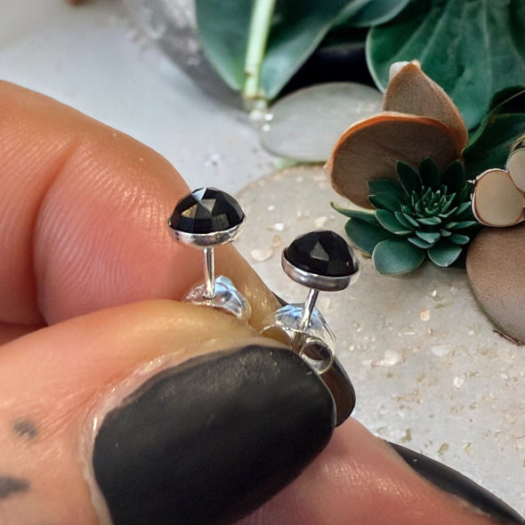 One-of-a-Kind 5mm Round Faceted Black Onyx Sterling Silver Stud Earrings