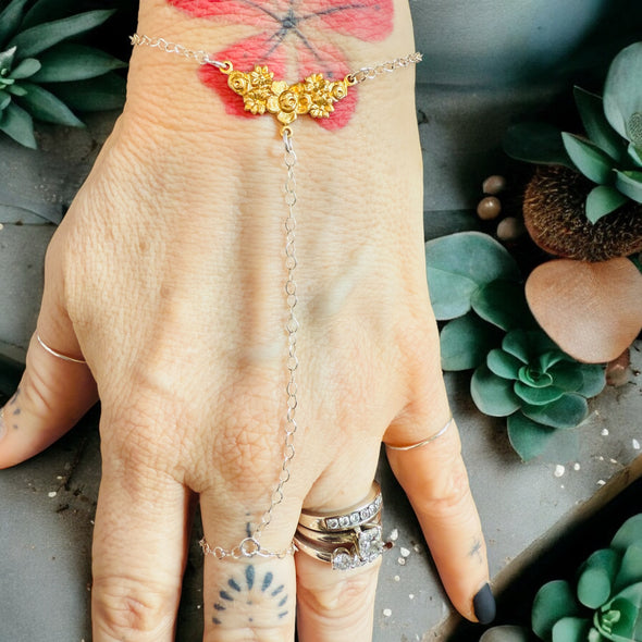 One-Of-A-Kind Floral Ring/Bracelet Combo 7" Sterling Silver/Brass