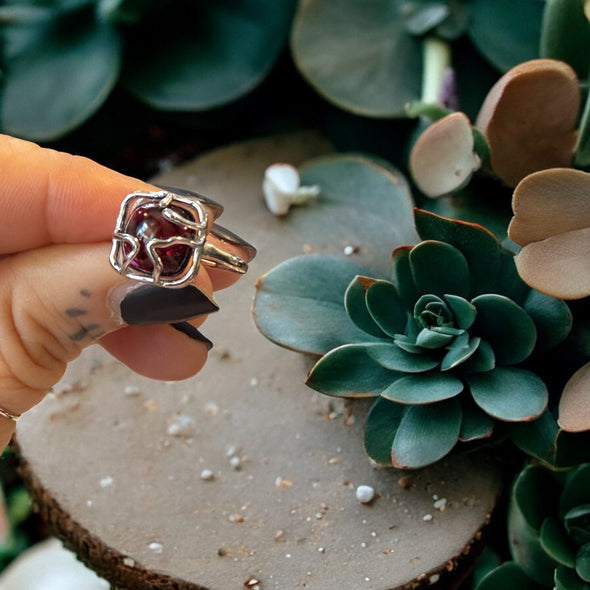 One-of-a-Kind Abstract Natural Garnet Sterling Silver Adjustable Ring