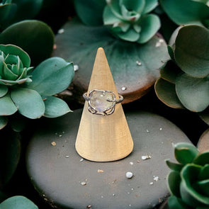 One-of-a-Kind Abstract Natural Rainbow Moonstone Sterling Silver Adjustable Ring