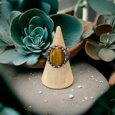 One-of-a-Kind Ornate Leaves 13mm x 18mm Oval Tigers Eye Sterling Silver Ring