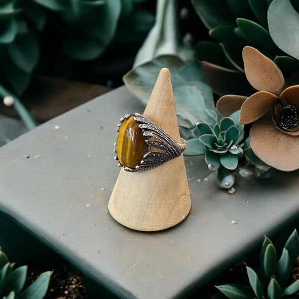 One-of-a-Kind Ornate Leaves 13mm x 18mm Oval Tigers Eye Sterling Silver Ring