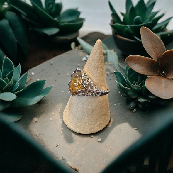 One-of-a-Kind Smooth Oval Golden Rutilated Quartz Floral Sterling Silver Ring